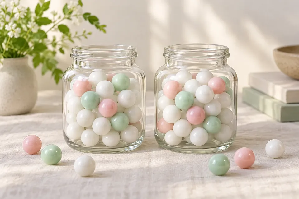 Two glass jars of colorful marbles on a pale table, one with a few more pink marbles than the other