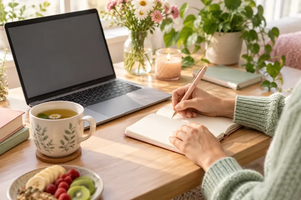 A person's hands writing notes in a small notebook next to a laptop and a cup of tea