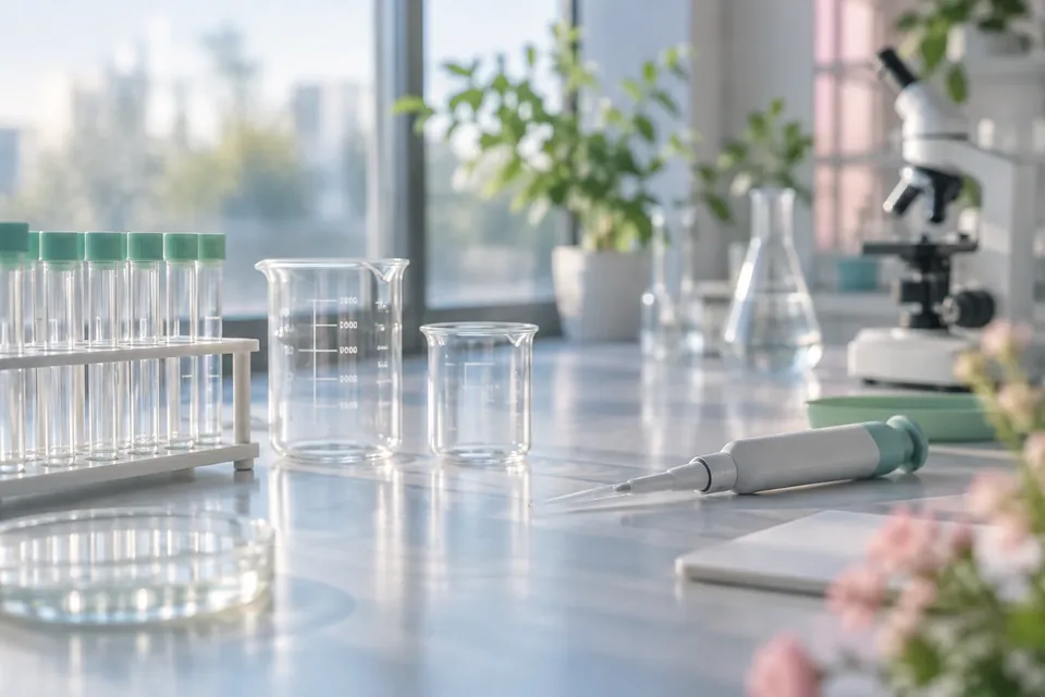 A tidy laboratory bench with empty glass beakers and a pipette under cool morning light.
