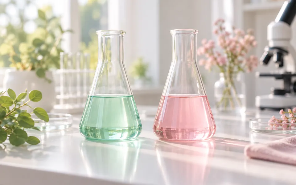 Two lab flasks side by side, representing a comparison of medicines.