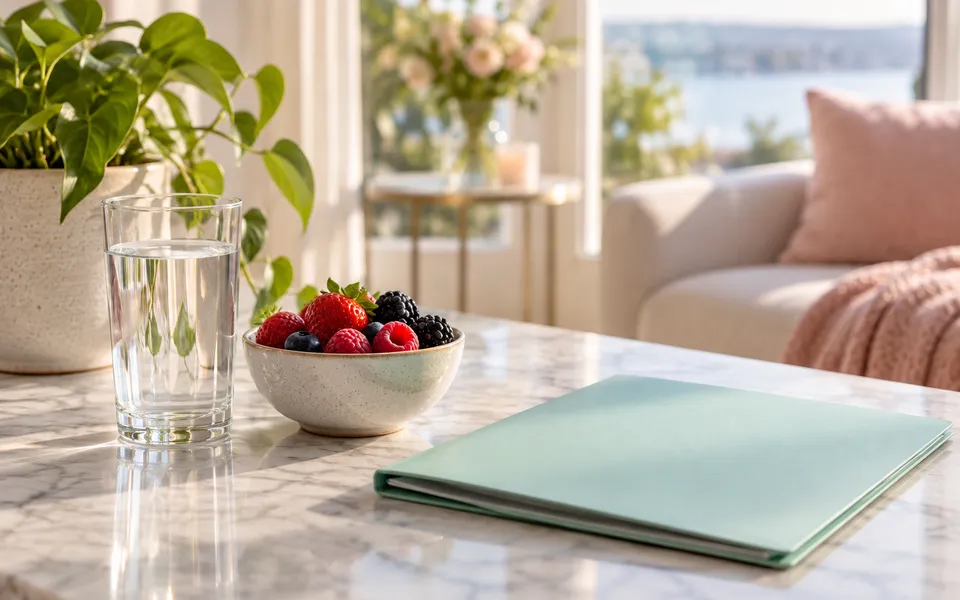 Water and berries beside a medical paper, representing kidney research.
