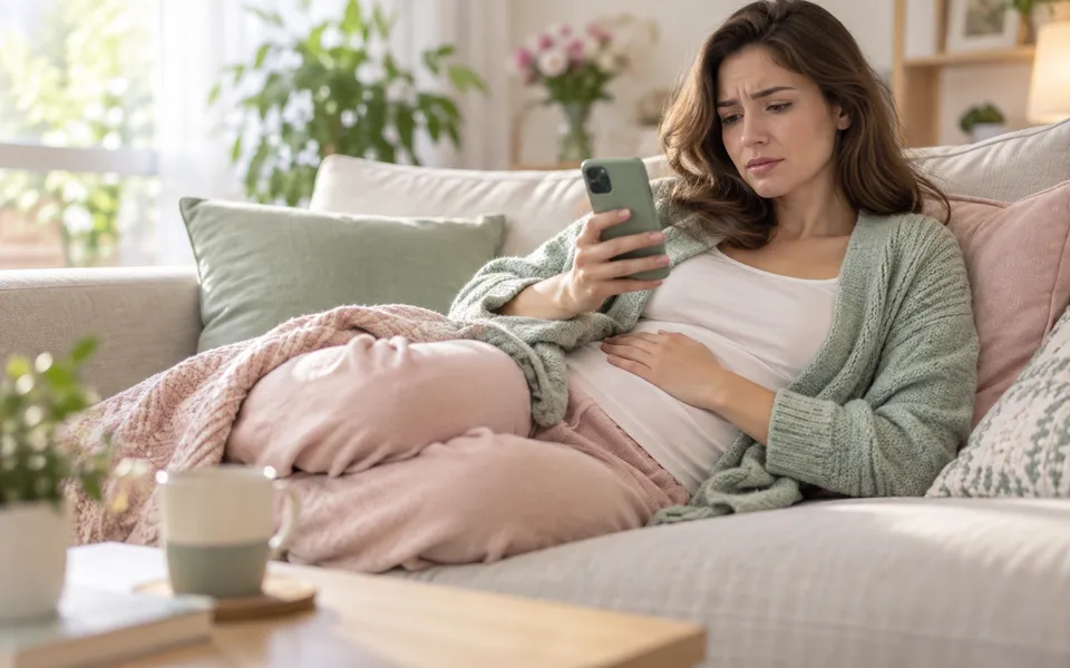 A woman on a sofa holding her stomach, representing severe stomach pain warning signs.