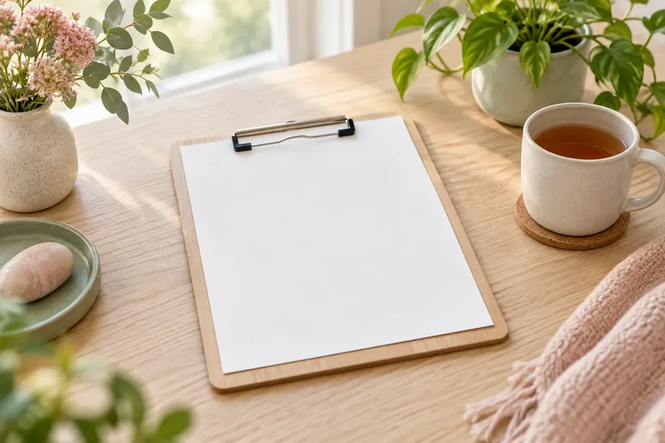 A single neatly clipped sheet of paper on a clipboard resting on a light wooden desk next to a cup of tea