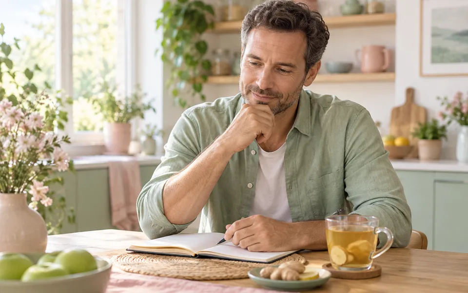 A man reviewing notes over tea, representing side effects without weight loss.
