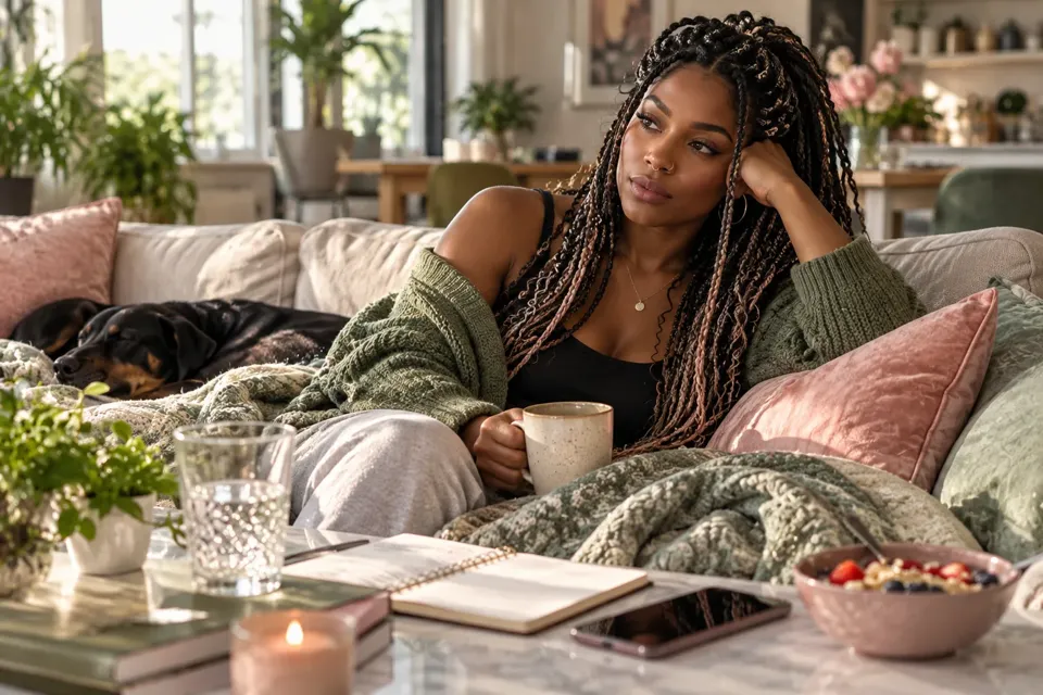 A person resting on a sofa with a journal and water nearby, representing the importance of noticing how treatment feels.