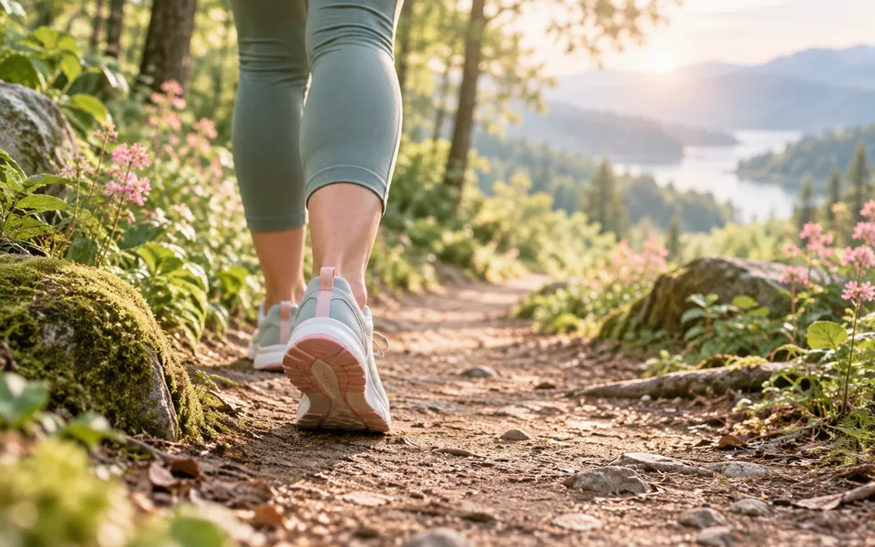 Walking shoes on a forest path, representing slow, steady progress.
