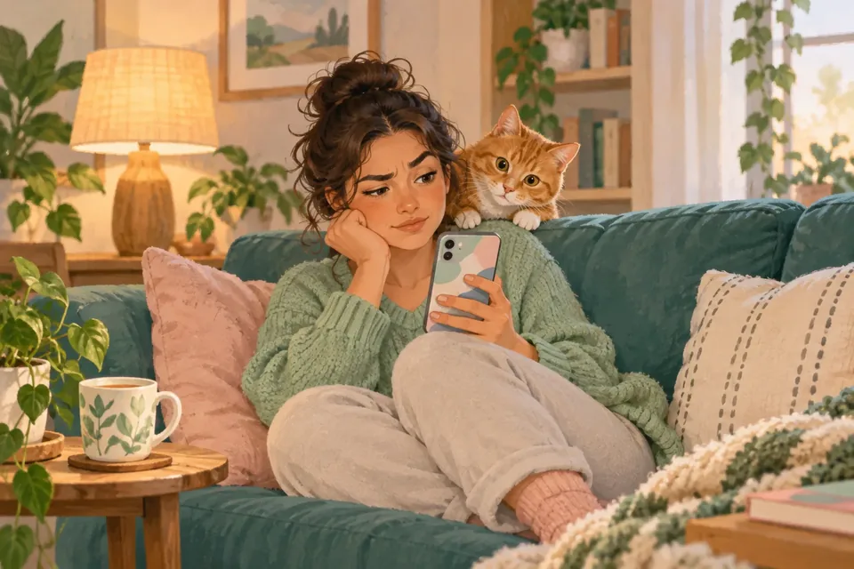 A person on a sofa looking at a phone, with a cat and a cup of tea beside them in a cozy living room