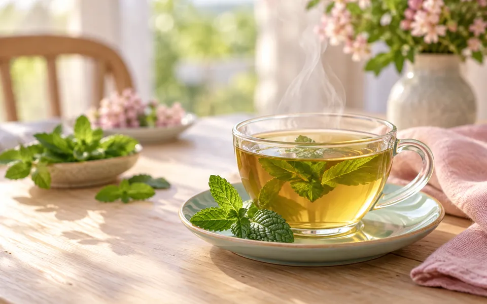 Peppermint tea with fresh mint, representing digestive side effects.