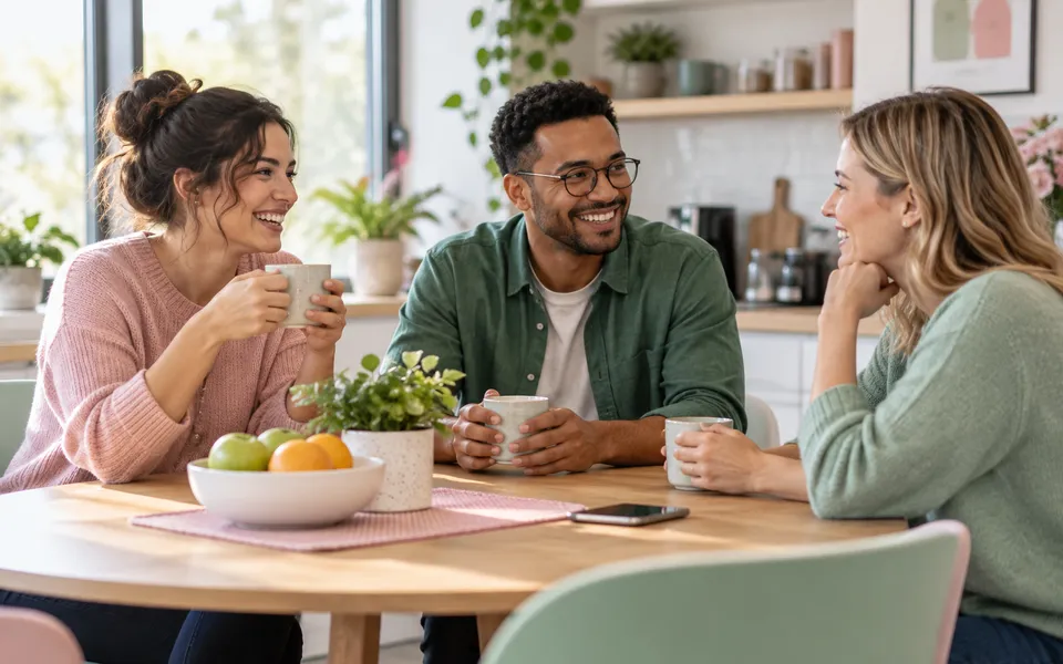 Coworkers chatting over coffee, representing telling others about treatment.
