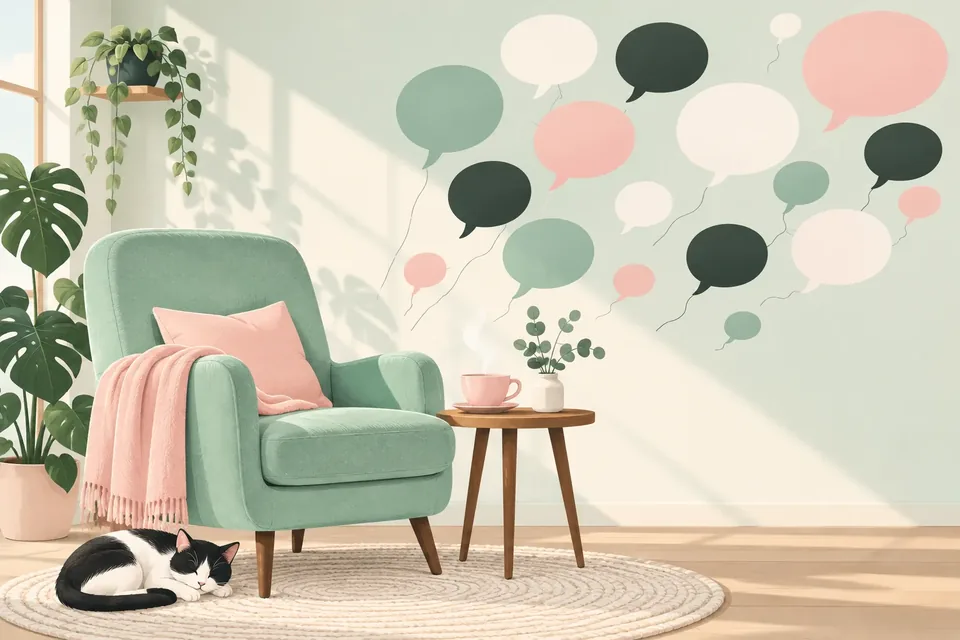 Playful illustration of colorful empty speech bubbles floating around a cozy armchair with a cup of tea