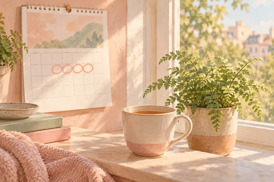 A soft illustration of a paper wall calendar with a few days circled in coral, next to a cup of tea and a small potted plant.