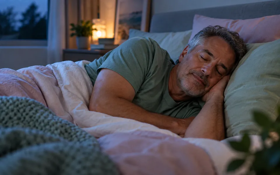 A man sleeping peacefully, representing sleep apnea research.