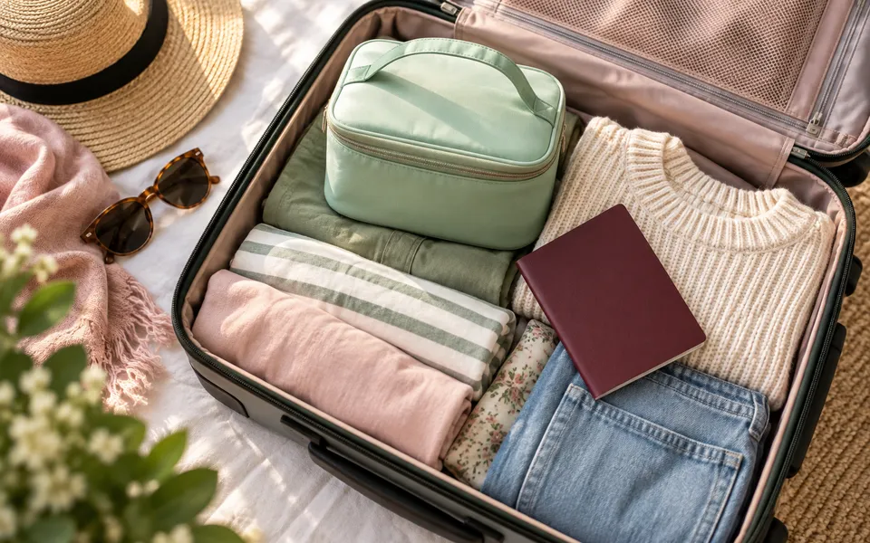 A suitcase with an insulated travel pouch, representing traveling with medication.