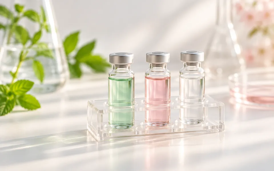 Three vials in a lab rack, representing a triple-agonist medicine design.
