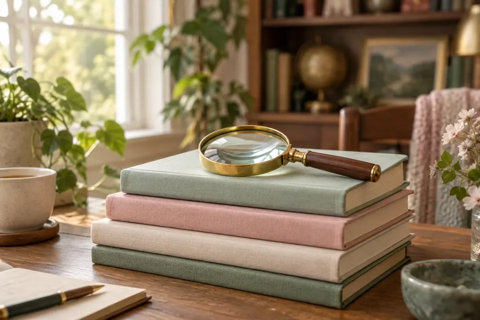 A magnifying glass resting on a stack of bound journals on a library table