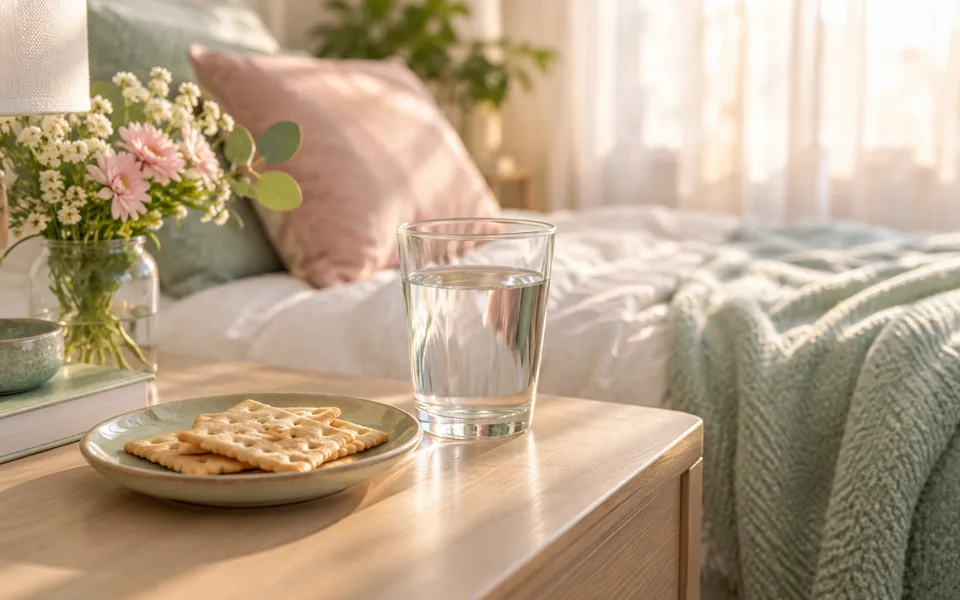 Water and crackers on a bedside table, representing nausea and vomiting.