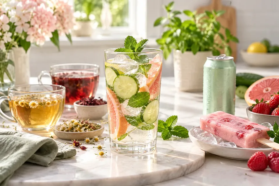A refreshing glass of iced citrus and cucumber drink surrounded by herbal teas and frozen popsicles.