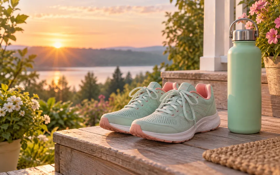 Running shoes and a water bottle at sunrise, representing heart health.