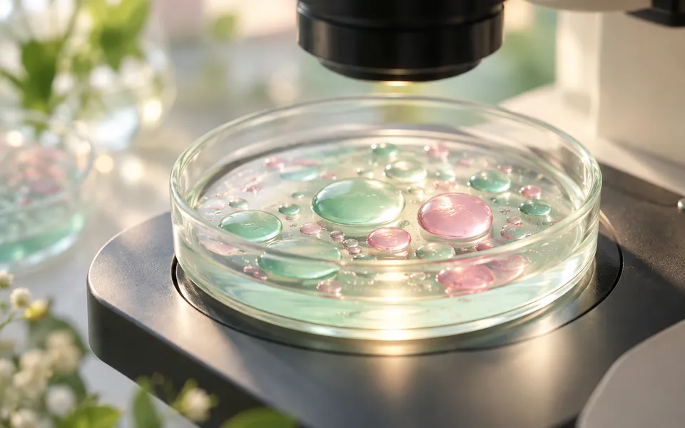 A petri dish under a microscope light, representing hormone research.