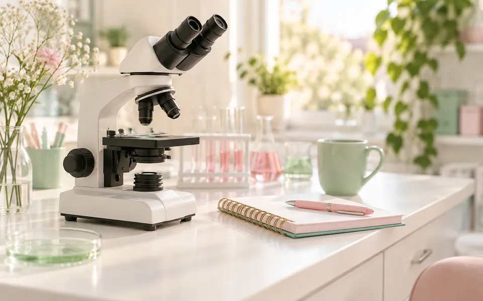 A microscope beside a notebook, representing how medicines are designed.