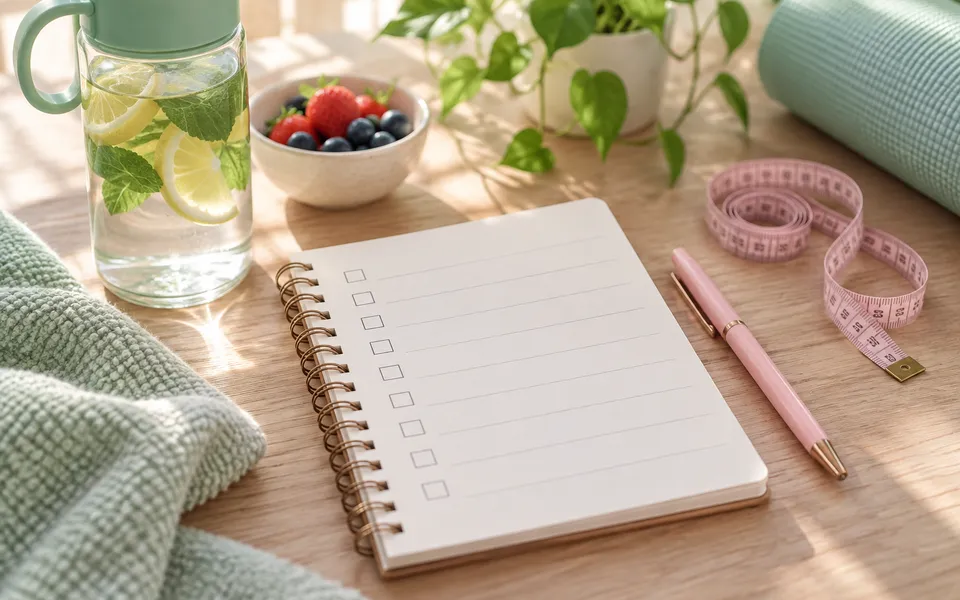 A checklist notebook with a tape measure and water bottle, representing what to track.