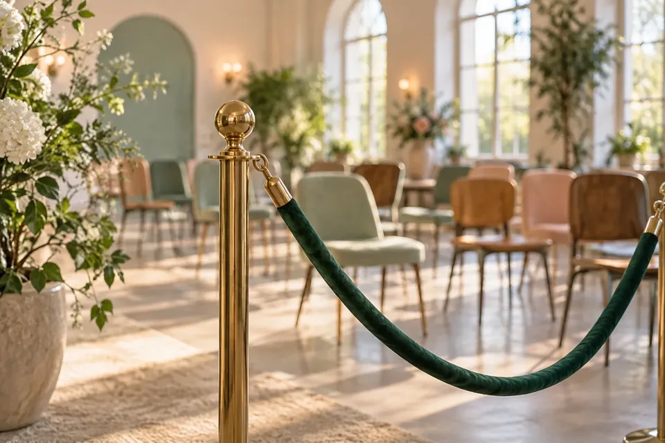A velvet rope at the entrance of a softly lit hall with a few empty chairs inside