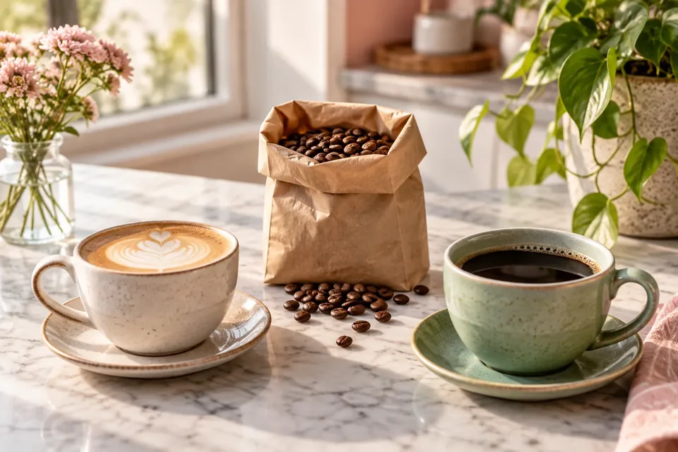 Two cups of coffee brewed from the same beans but looking different, side by side on a cafe counter