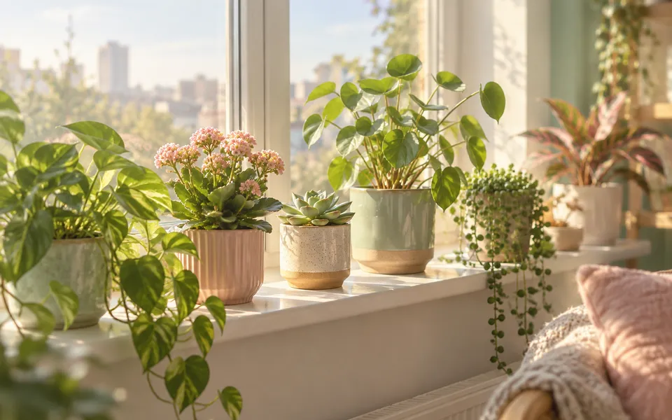 Houseplants of different sizes on a windowsill, representing different responses to treatment.