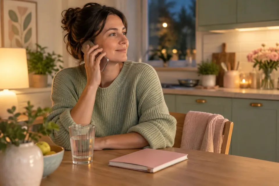A person sitting at a kitchen table at night holding a phone to their ear, a glass of water in front of them.