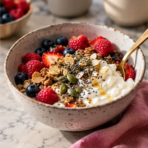 A bowl of yogurt topped with berries, seeds and a small drizzle of honey